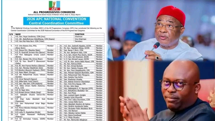 BREAKING: APC Appoints Gov. Hope Uzodimma as Chairman of 73-Member Central Coordination Committee for March National Convention; Gov. Sim Fubara Named Member of National Convention Planning Committee