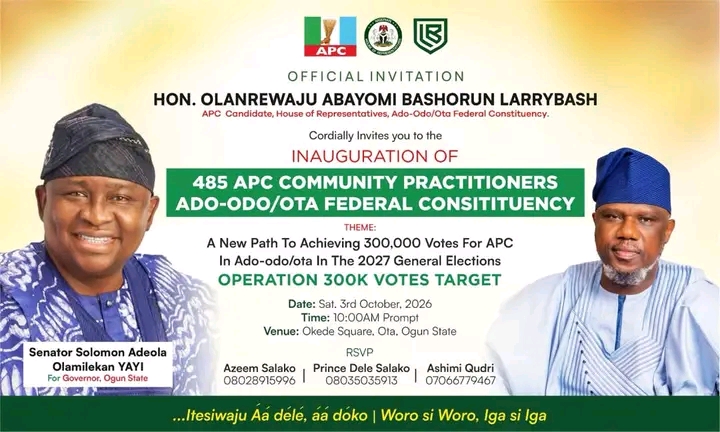 LarryBash Unveils 485-Man Grassroots Structure, Targets 300,000 Votes in Ado-Odo/Ota